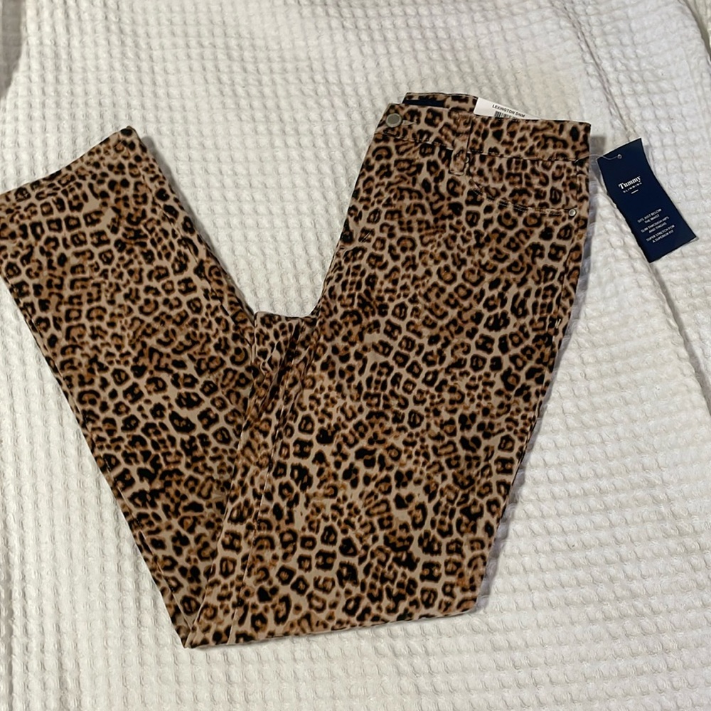 Charter club Lexington denim straight leg leopard pants women’s 4 cotton stretch